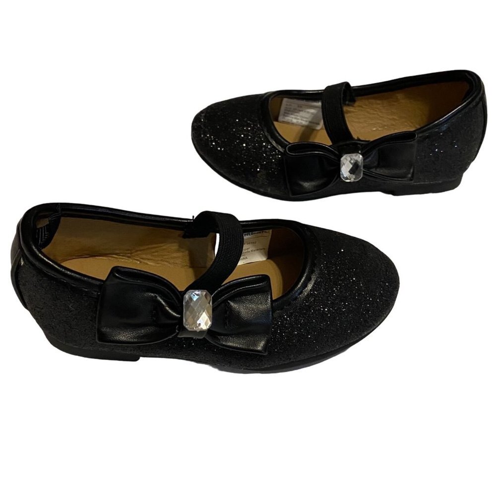 Lily & Dan Toddler Little Girl Black Glitter Bow Dress Flats Shoes Size 5/6